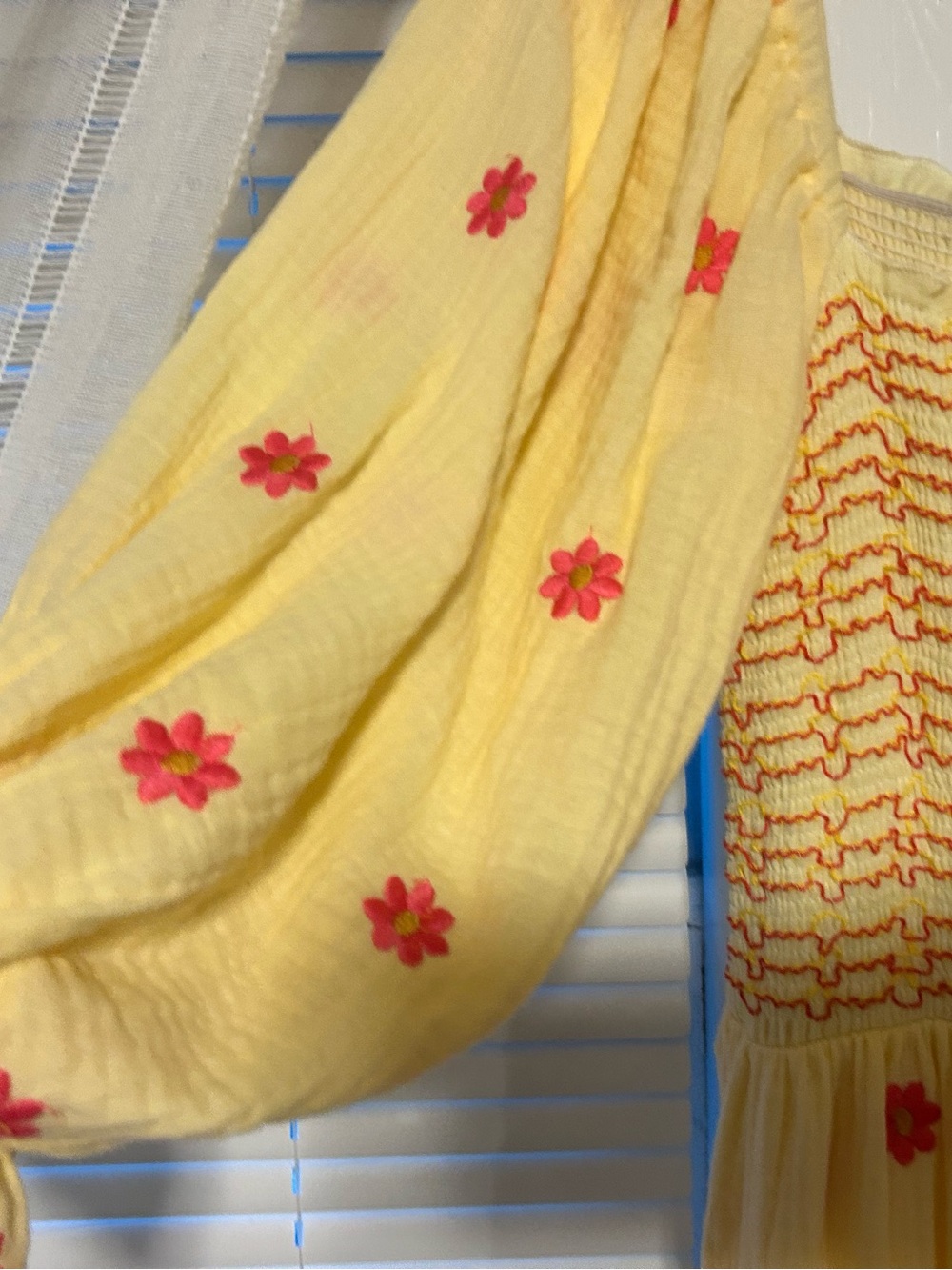 Yellow Smocked Maxi Dress with pinkish-red  Floral Embroidery - Picture 2 of 14